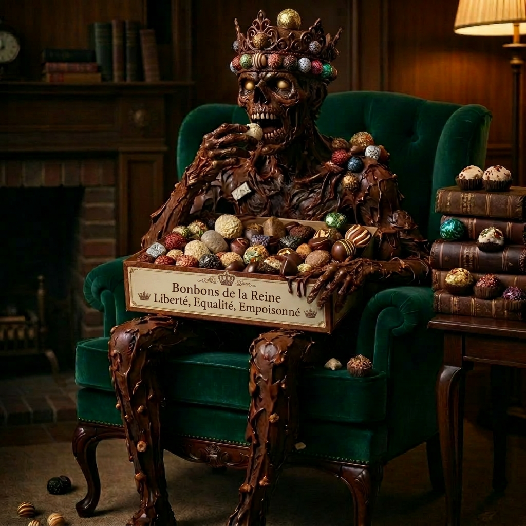 Skeleton made of chocolate sitting in green armchair holding box of assorted chocolate bonbons