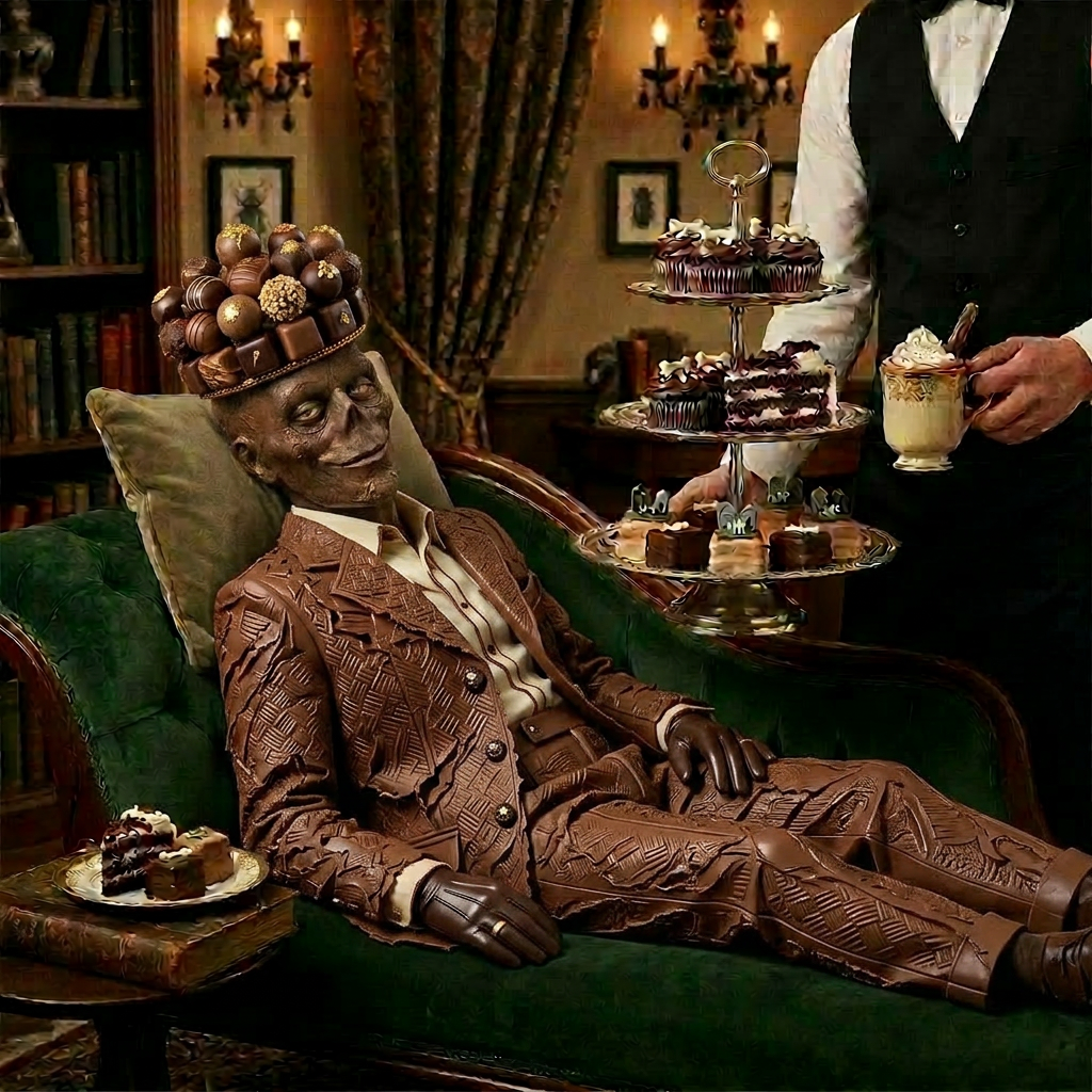 Chocolate sculpture of a seated vintage-dressed figure on green velvet sofa with desserts and waiter