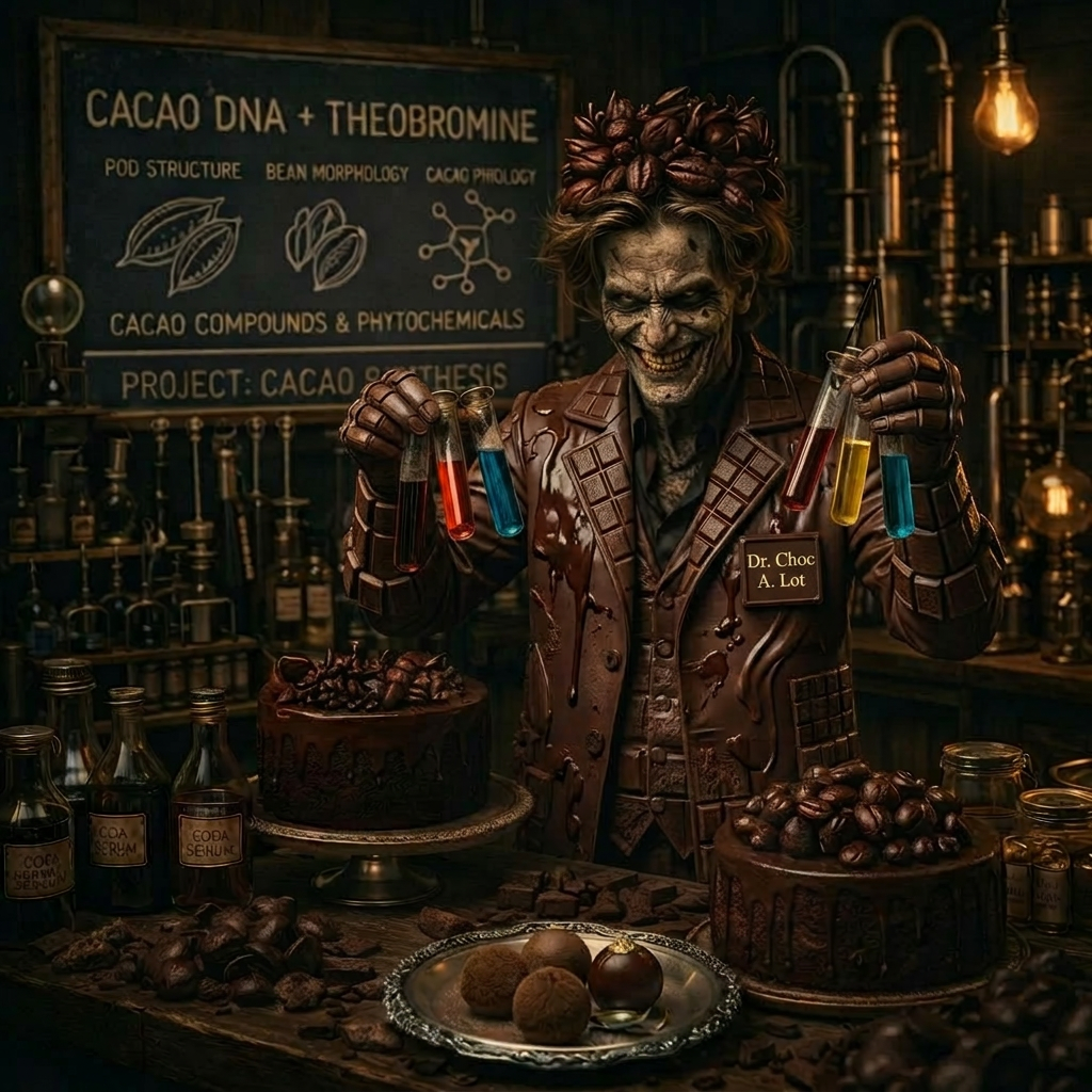 Zombie scientist stirring melted chocolate in a lab with chemical bottles and brain-shaped chocolates