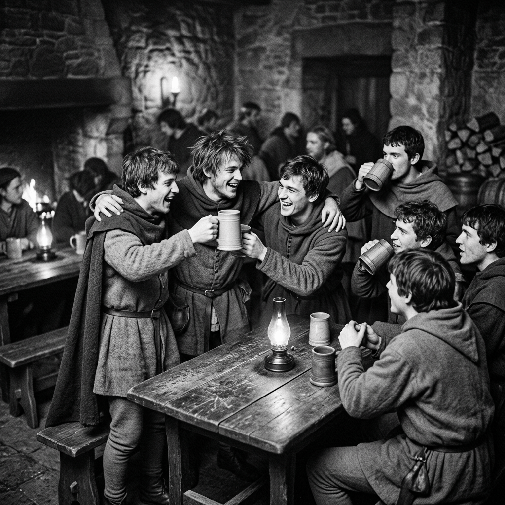 Young men in medieval clothing drinking and laughing around a wooden table in a stone tavern