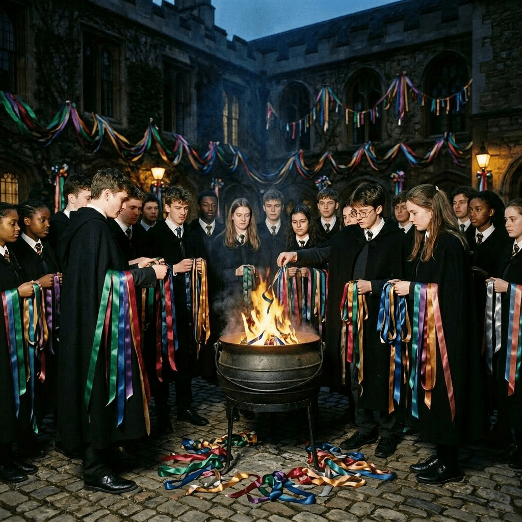 Group of students in black cloaks burning colorful ribbons over a fire in an old stone courtyard at dusk