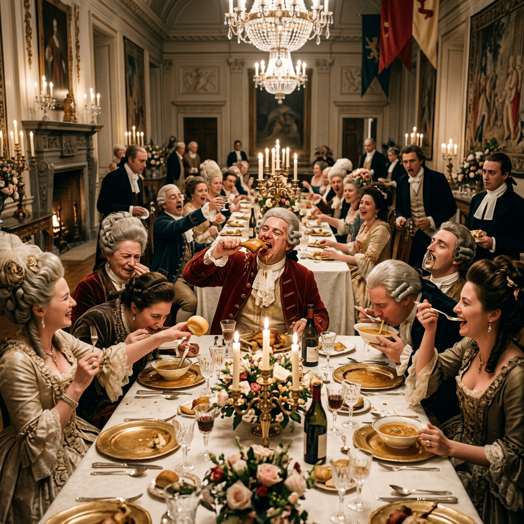 Elegant men and women in 18th-century attire dining and celebrating at a long banquet table with candles and ornate decorations