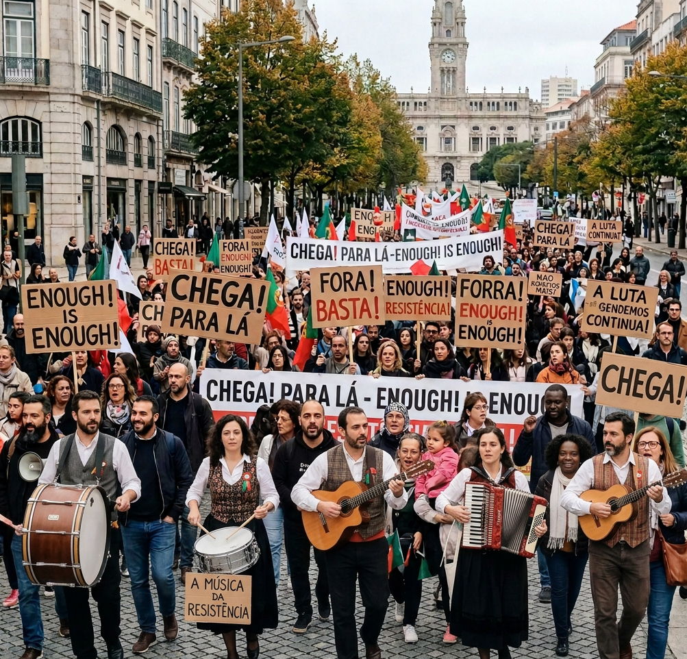 Crowd marching with Portuguese and English protest signs reading “Enough!”