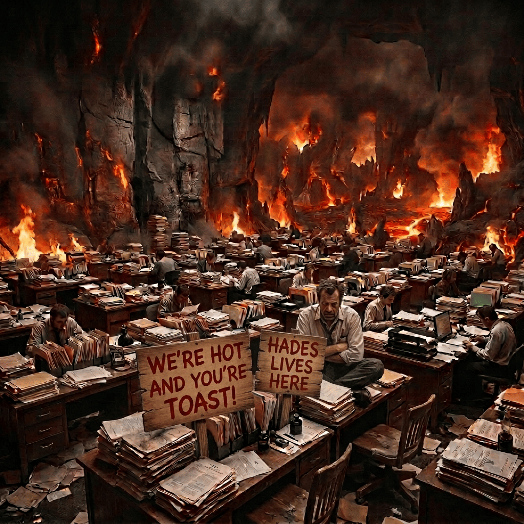 Crowded office with workers and paperwork in a flaming cavern; signs read HADES LIVES HERE and DON'T SMOKE.