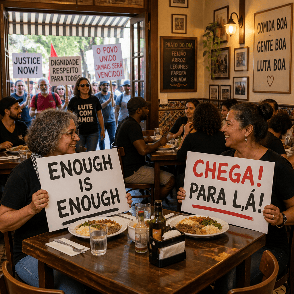 Protesters dining inside a restaurant
