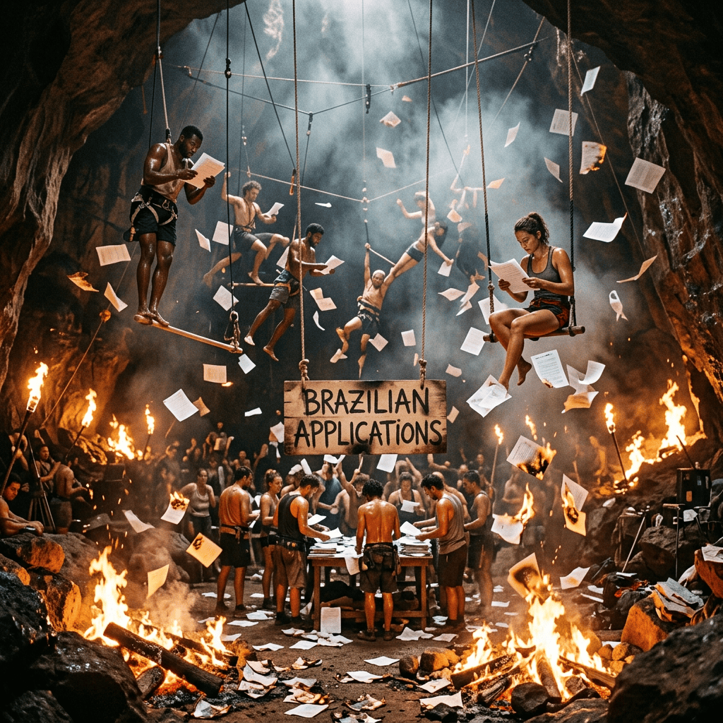 People reading papers in a fire-lit cave labeled “BRAZILIAN APPLICATIONS”
